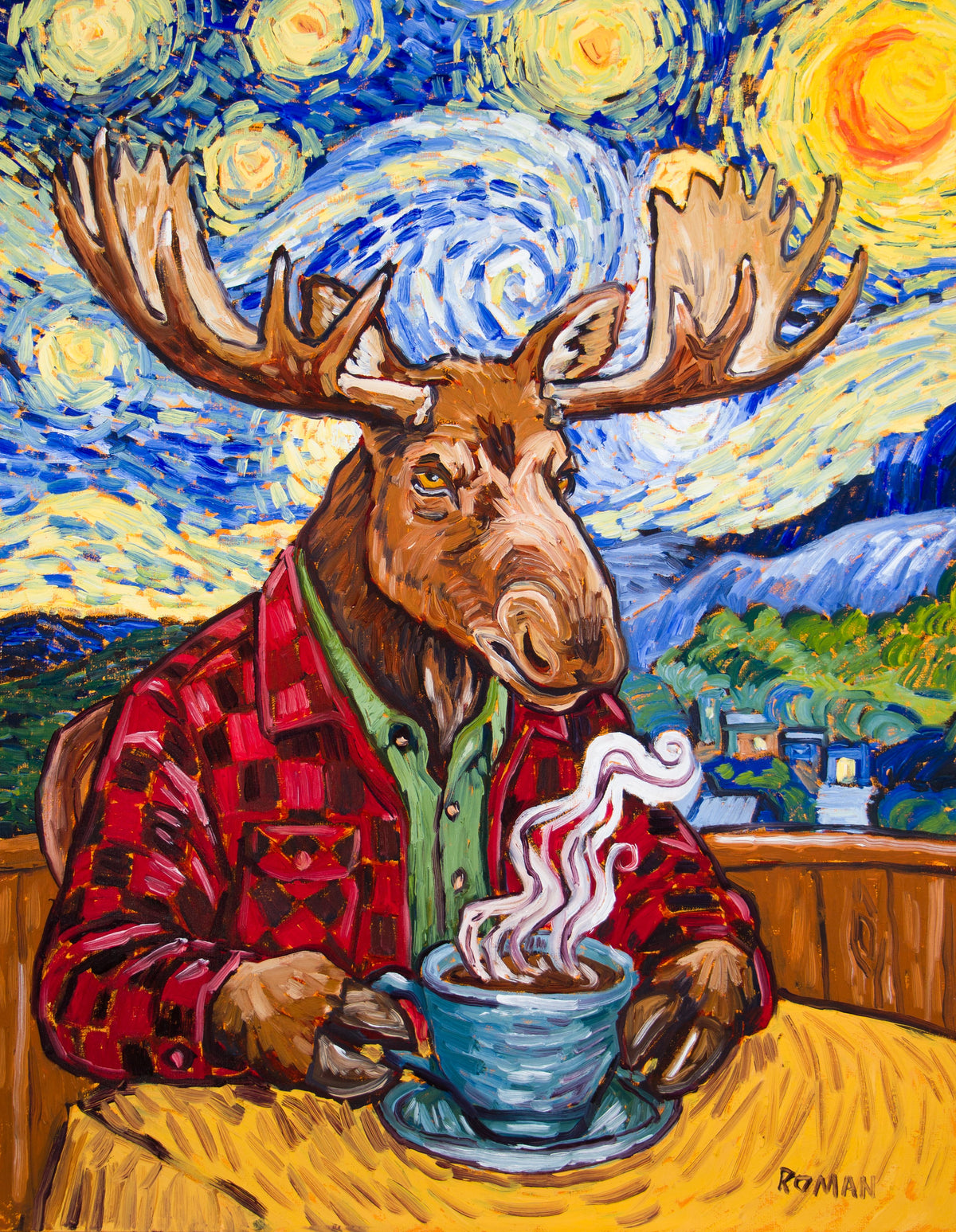 Oil painting of a moose wearing a red-and-black plaid shirt over a green shirt, holding a steaming blue coffee cup on a yellow table beneath a swirling starry sky with blue hills and a small village behind him, signed Roman in the lower right.