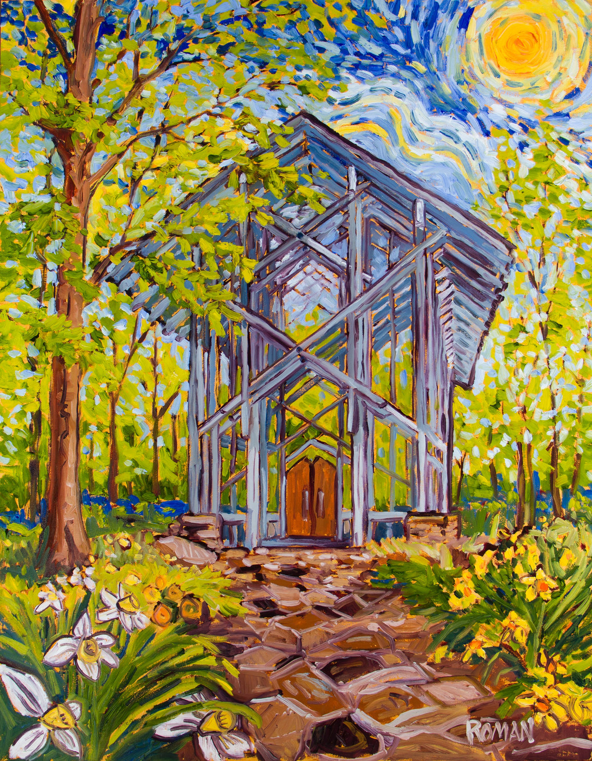 Thorncrown Chapel, archival paper reproduction of the painting by Roman