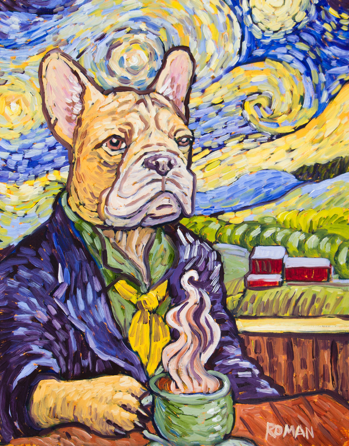 Coffee with a Frenchie, original oil painting by Roman: a French bulldog in a blue coat with a steaming mug under a Van Gogh-style swirling sky