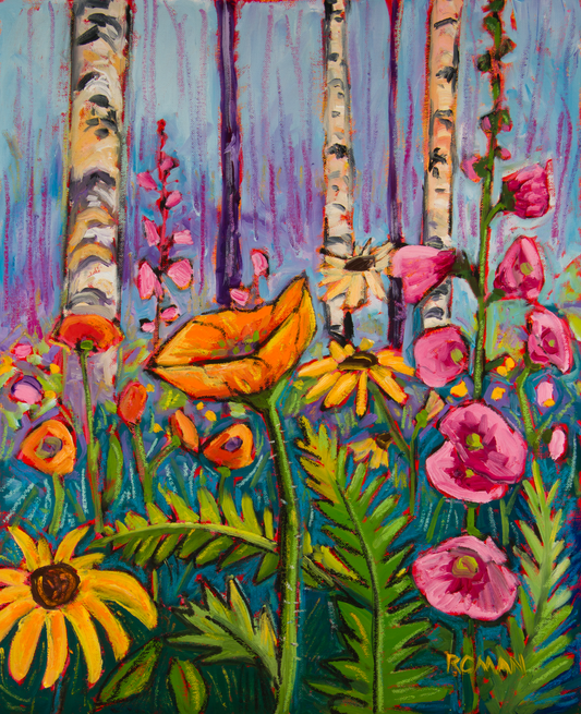 Volunteers - Original impressionistic oil and oil pastel painting of birch trees with wildflowers, hollyhocks, and poppies by Roman The Painter