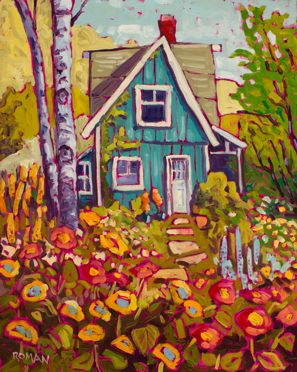 Blue Cottage and Spring Flowers