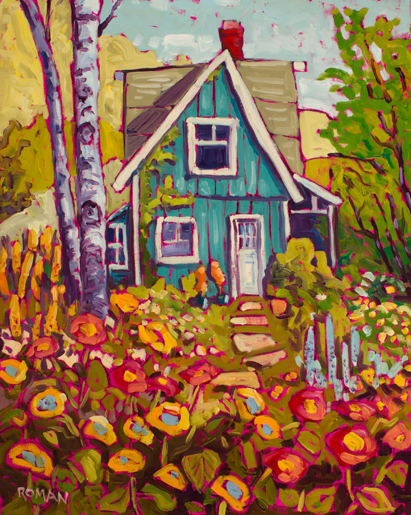 Blue Cottage and Spring Flowers