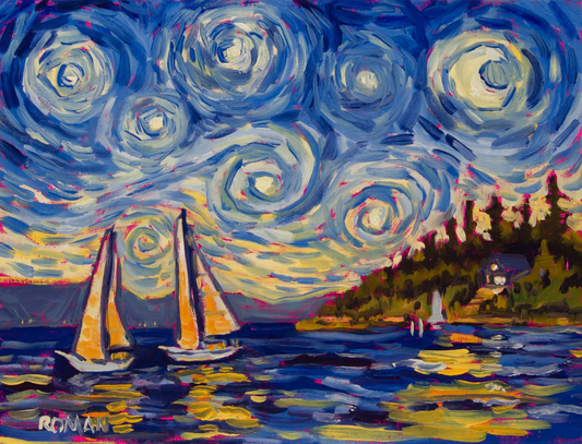 Northern Lake Nights - 9x12 Oil Painting on Canvas Board with Gold Frame