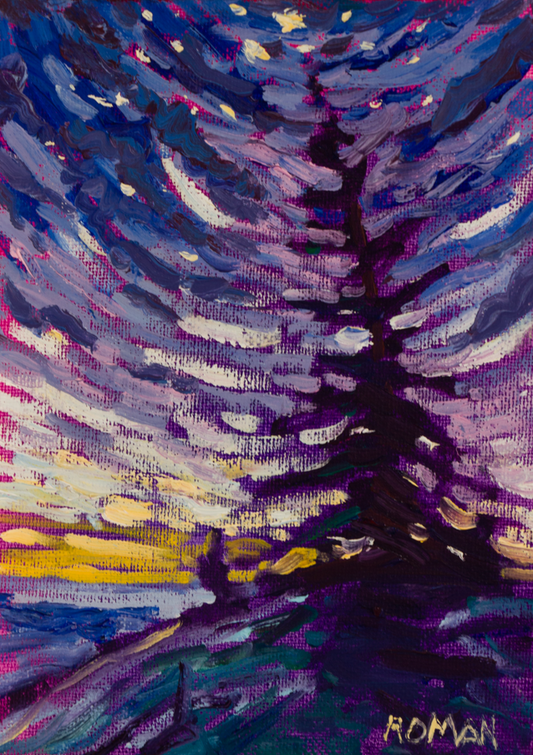 Purple Sky - 5x7 Oil Painting on Canvas Board with Gold Frame