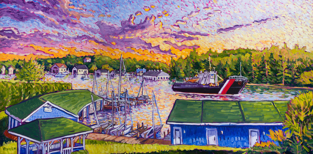 Sundew Homecoming, original oil painting by Roman: the Coast Guard cutter Sundew on Round Lake, Charlevoix, under a violet and gold sunset sky