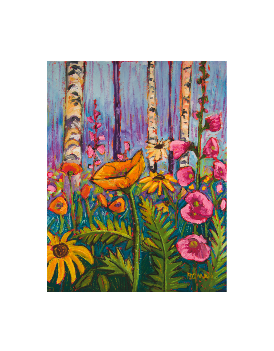 Volunteers - Archival paper print of impressionistic birch trees with wildflowers painting by Roman The Painter