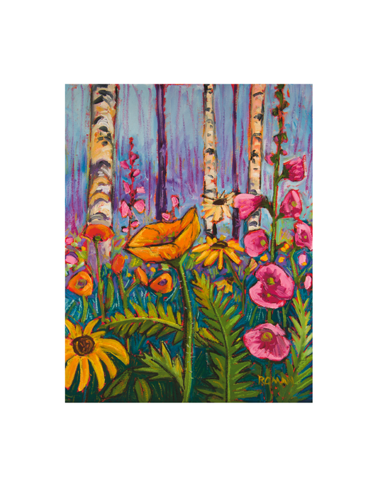 Volunteers - Archival paper print of impressionistic birch trees with wildflowers painting by Roman The Painter