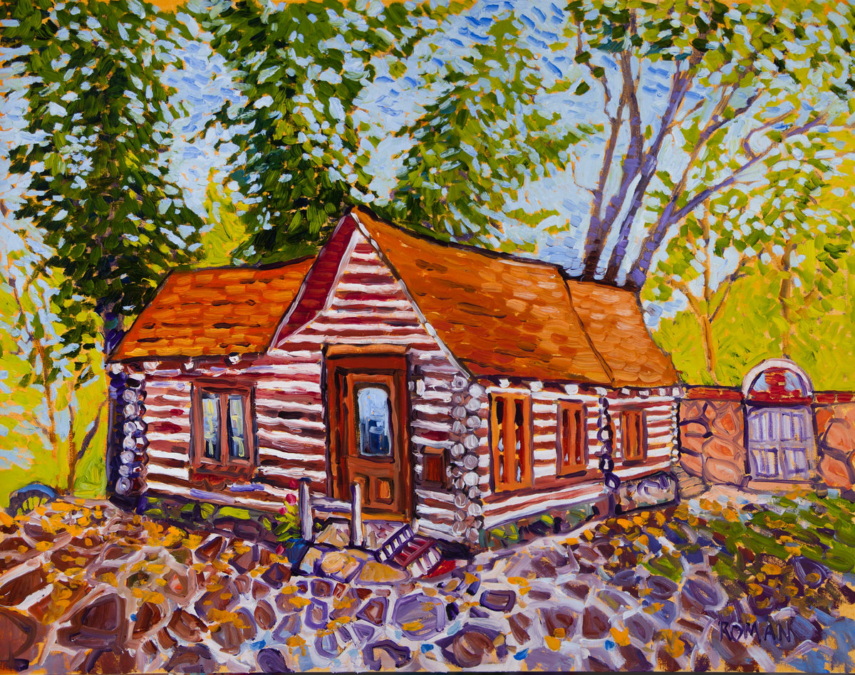 Impressionistic oil painting of a small log cabin with white chinking and an orange shingled roof beneath tall green trees, with a stone wall and arched gate to the right and a purple and gold flagstone drive in the foreground.