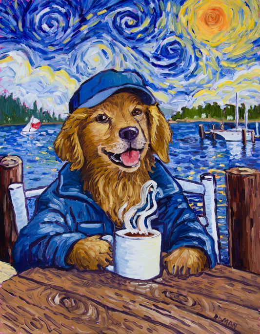 Oil painting of a smiling golden retriever in a blue cap and blue jacket holding a steaming white mug at a wooden table on a dock, with a sailboat and moored boat on blue water and a swirling blue and yellow sky behind him.