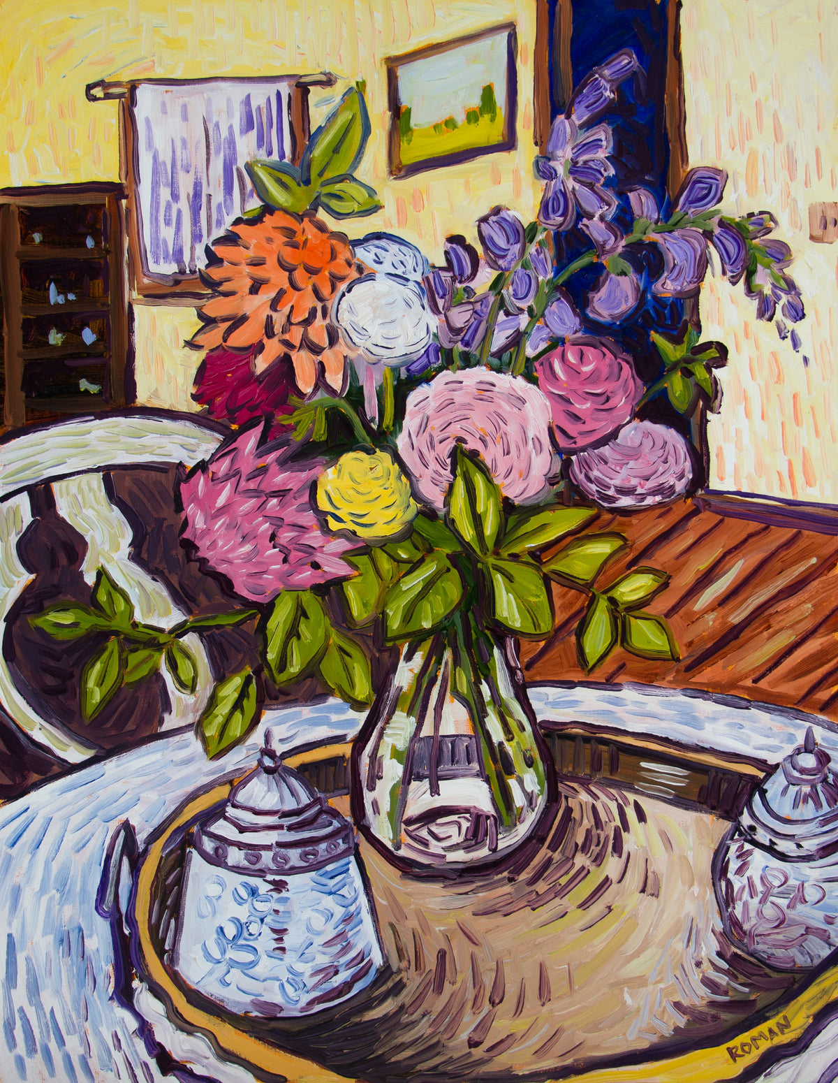 Flowers at Marion Lake, hand-embellished canvas reproduction of the painting by Roman