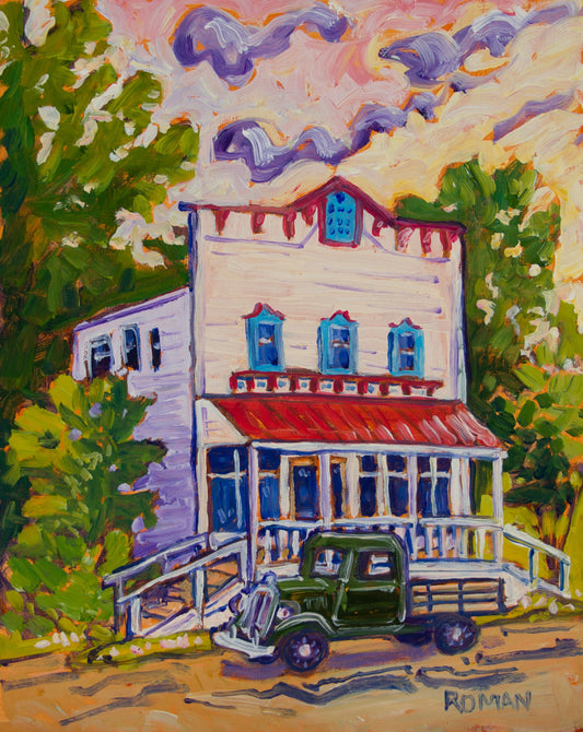 Impressionistic oil painting of a tall white two-story general store with a red porch roof and blue windows, an old green truck parked on the dirt road in front, green trees on either side and a pink sky with purple swirling clouds.
