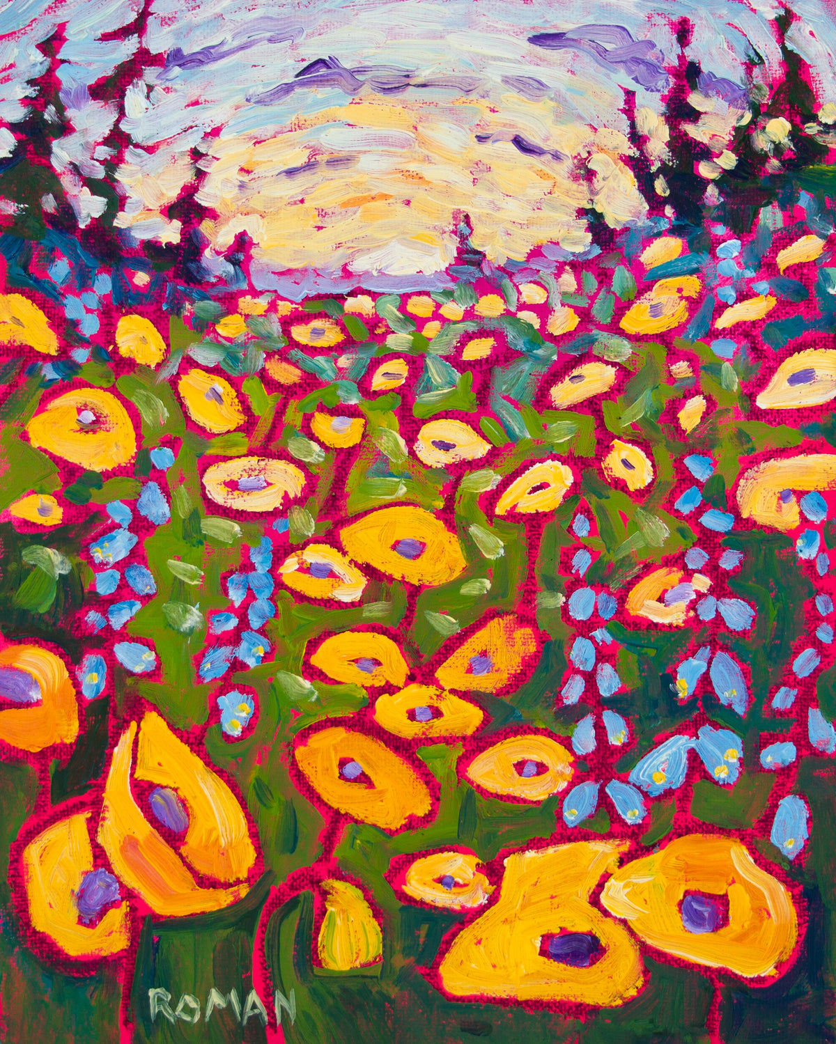 An impressionistic painting of a meadow full of large yellow flowers with violet centers and small blue flowers, outlined in bright magenta, with dark pine trees and a pale cream and lavender sky behind, signed “ROMAN” in the lower left corner.