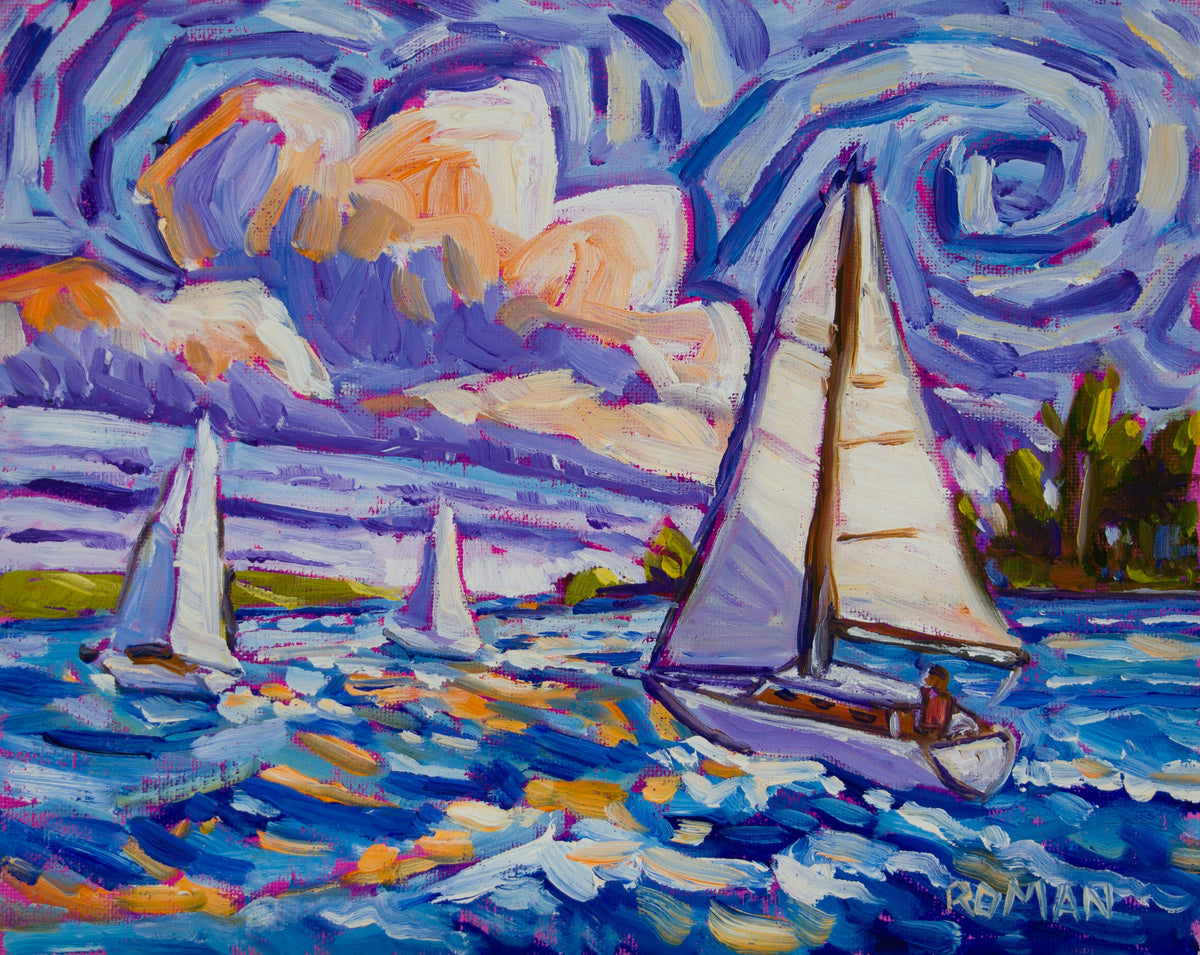 Impressionistic oil painting of three white sailboats on choppy blue water at sunset, with a sailor at the tiller of the nearest boat, green shorelines, and a swirling lavender sky with glowing orange clouds.